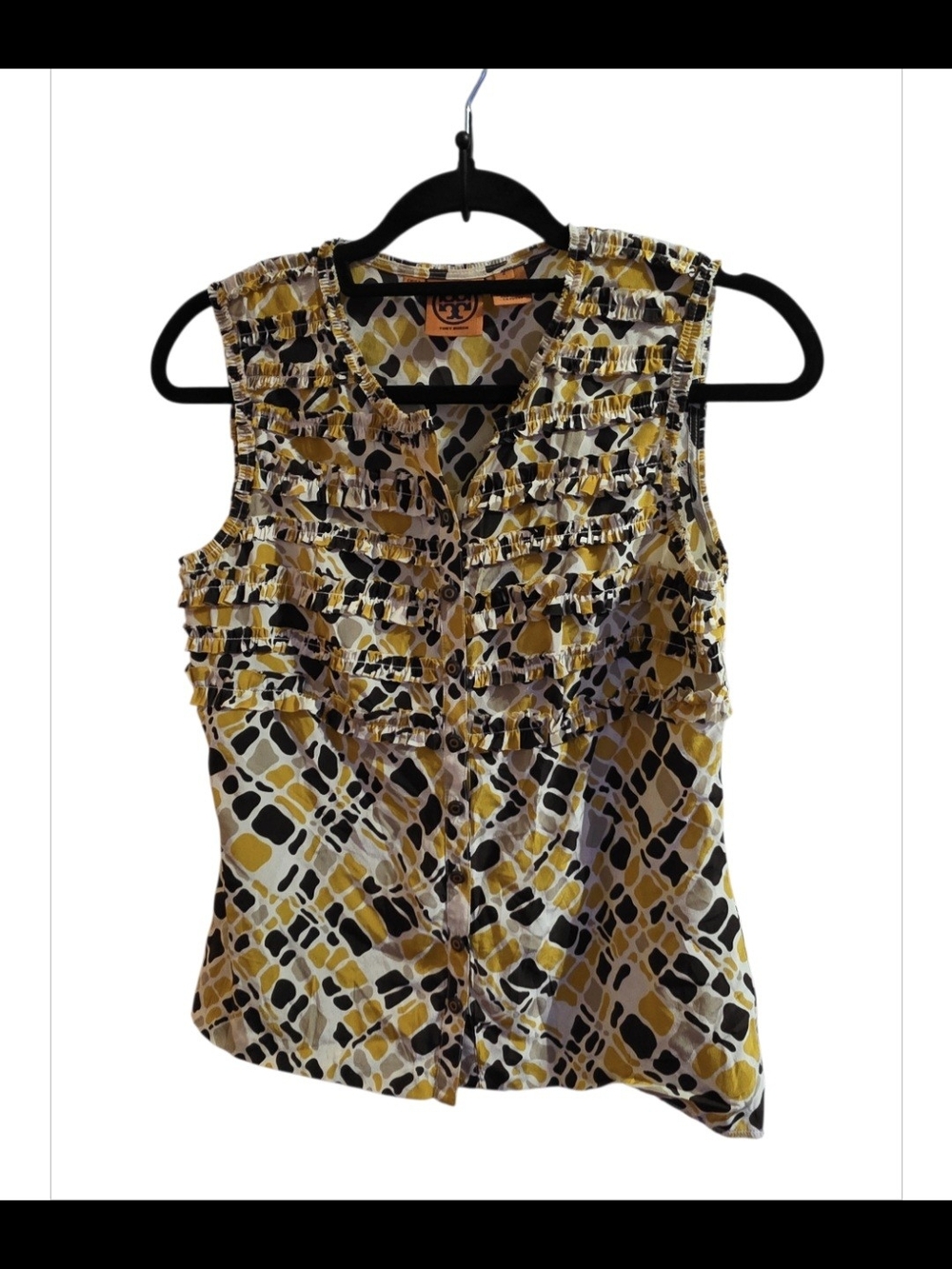 Tory Burch 100% Silk Ruffle Sleeveless Blouse Top Abstract Print Size 2